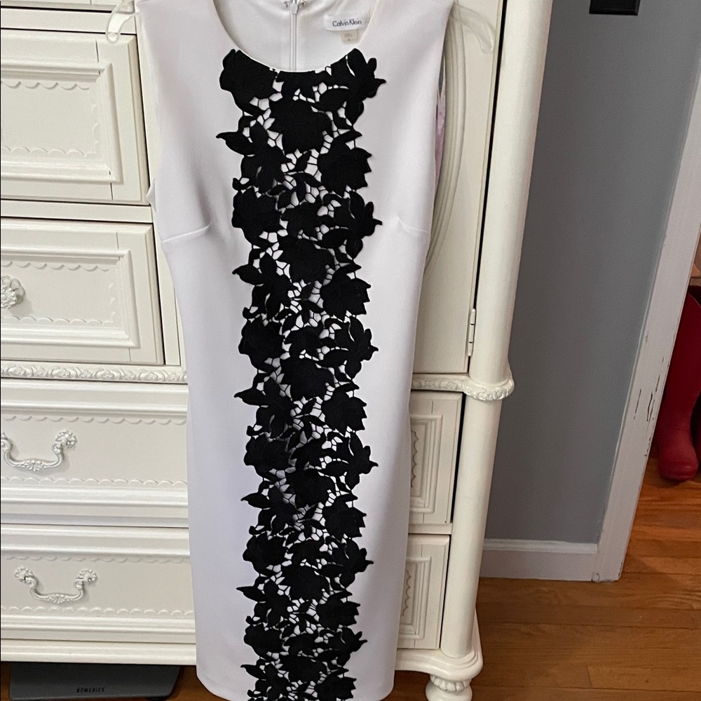 Calvin Klein Black Floral on White Midi Dress
